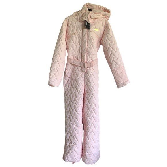 PrettyLittleThing Light Baby Pink Quilted Belted Snow Suit Ski Size XXL - Picture 5 of 10